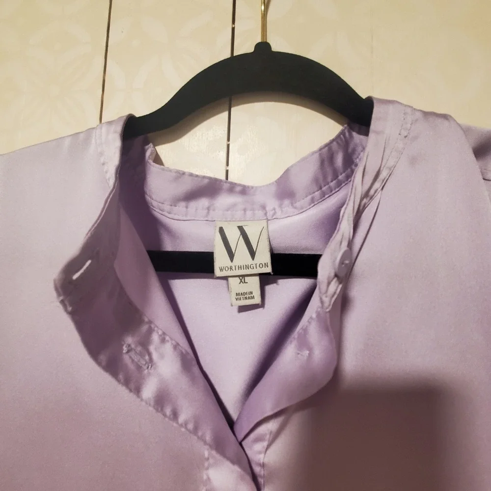 Worthington Lavender Purple Satin Cap Sleeve Blouse XL Mandarin Collar Hi-Low